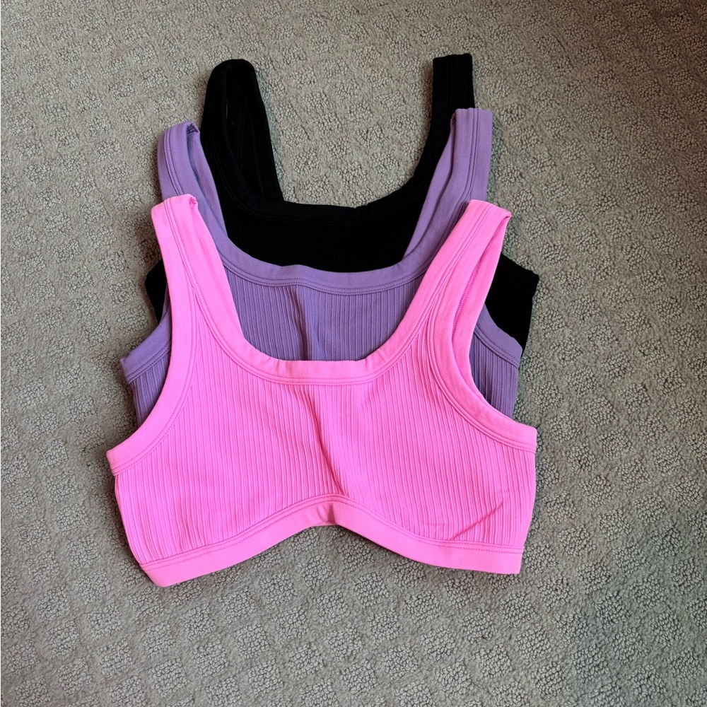 PINK Ribbed Scoop Bralette Trio in Hot Pink, Purple & Black, Size Medium - Picture 2 of 4